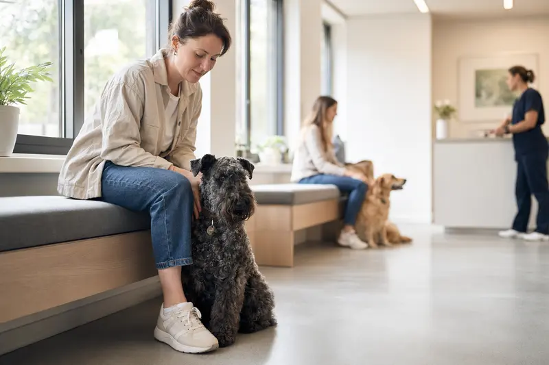 Ein Kerry Blue Terrier sitzt ruhig neben seinem Besitzer im hellen Wartezimmer einer modernen Tierarztpraxis.